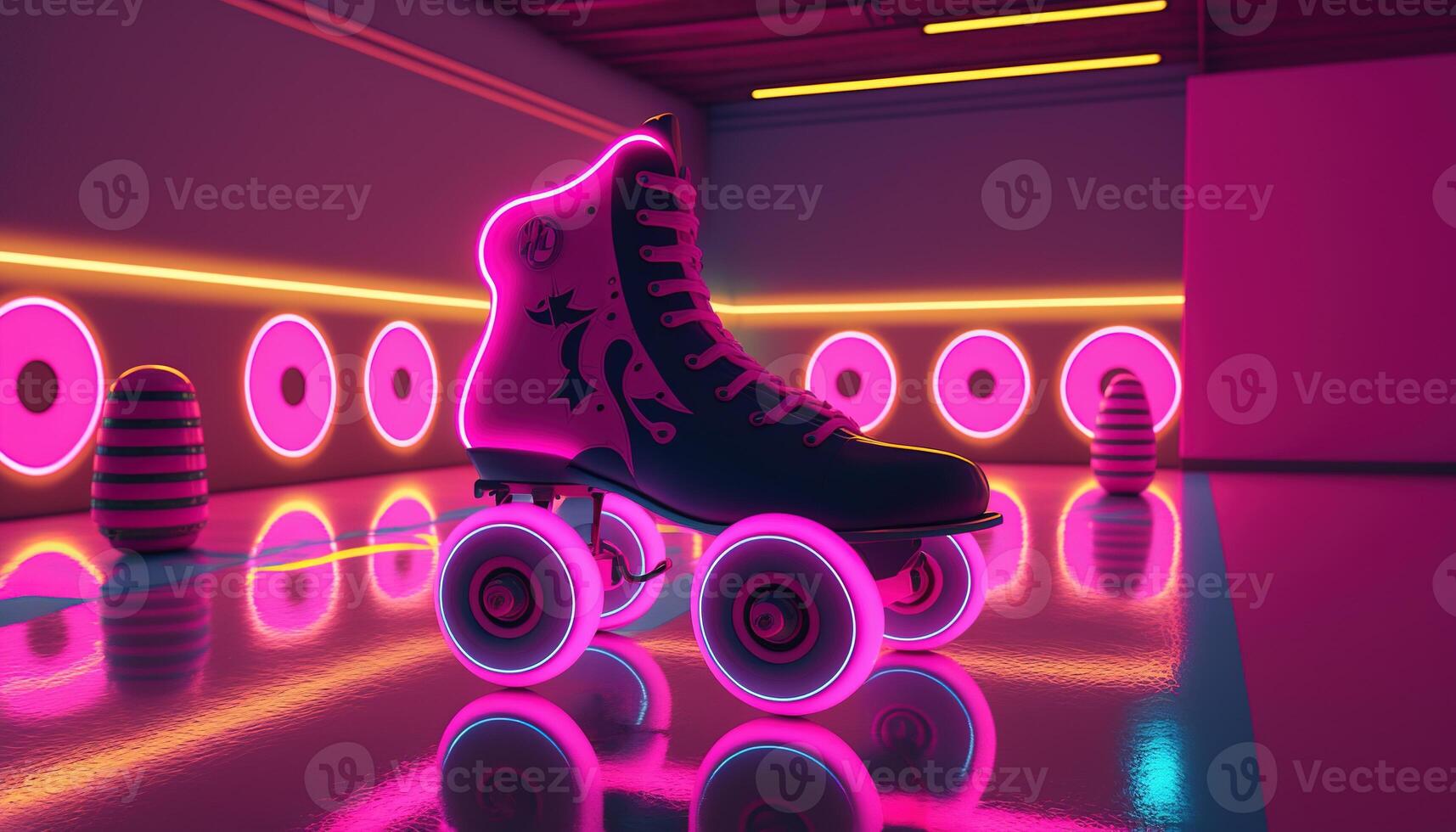, Roller skate in cyberpunk style, disco nostalgic 80s, 90s. Neon night lights vibrant colors, photorealistic horizontal illustration of the futuristic city. Sport activity concept. photo