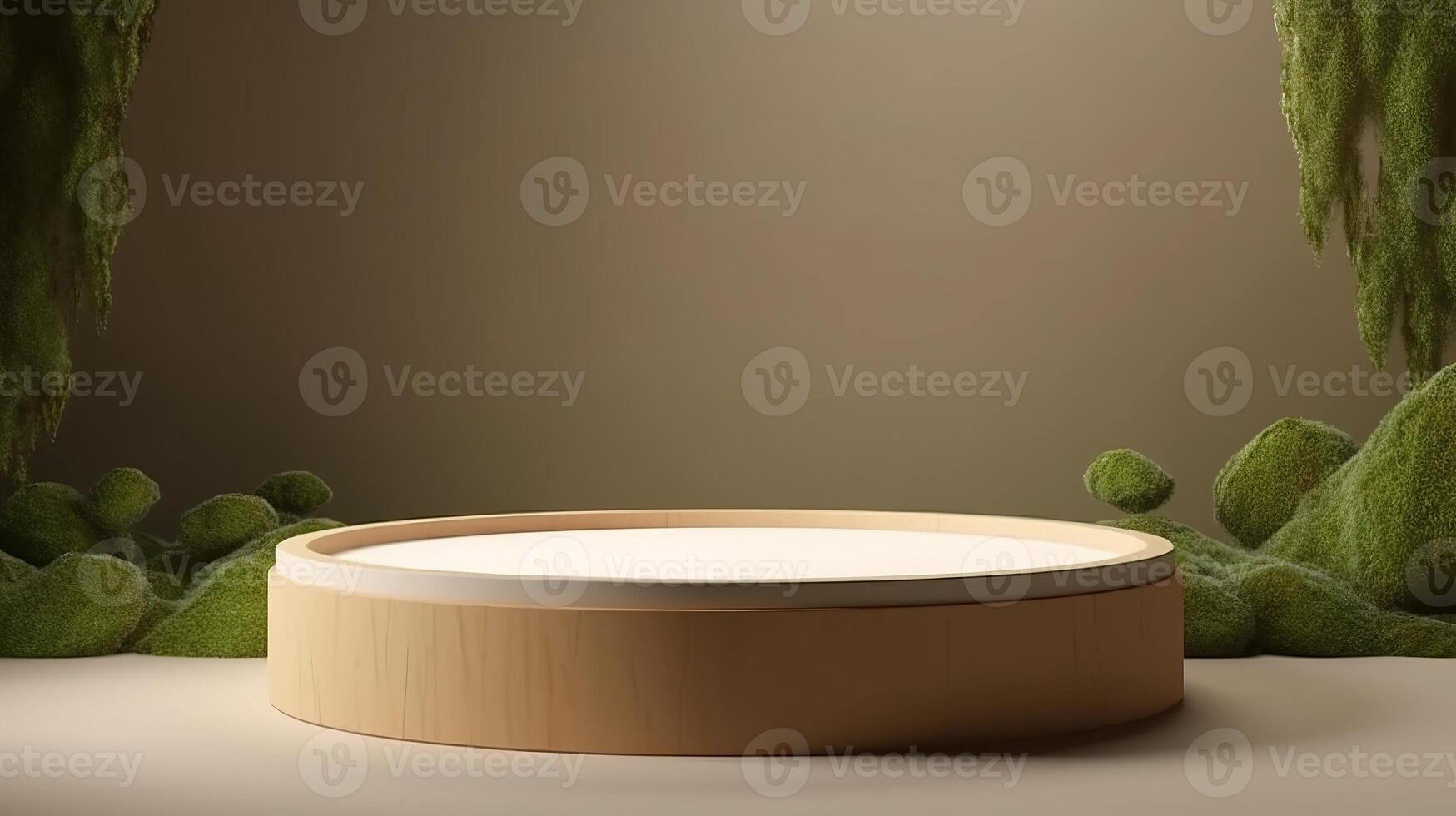 , product beige minimal scene with geometric podium platform and moss plants, mock up stand for cosmetic products. photo