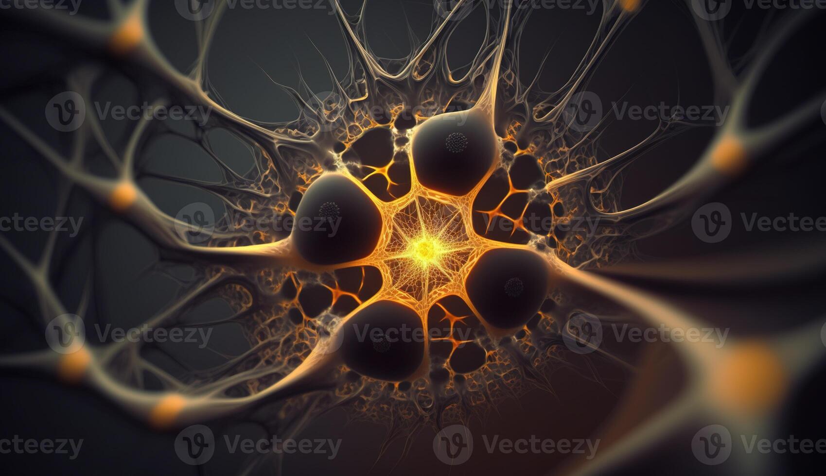 , Conceptual illustration of neuron cells with glowing link knots in abstract dark space, high resolution. Human nervous system, neural network photo