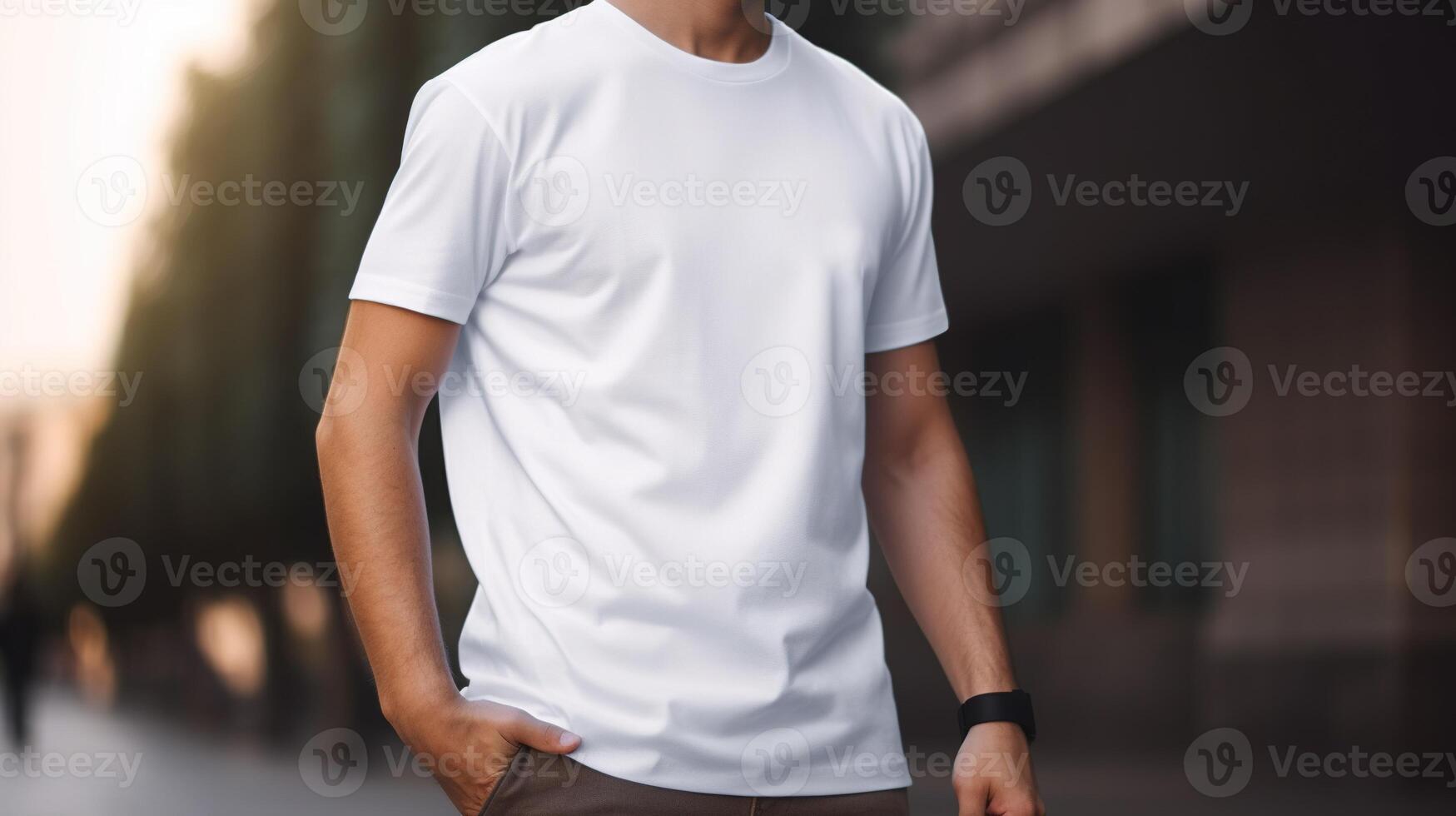 , Realistic white T-Shirt mock up blank put on young man, copyspace for presentation advertising. Blank business concept photo