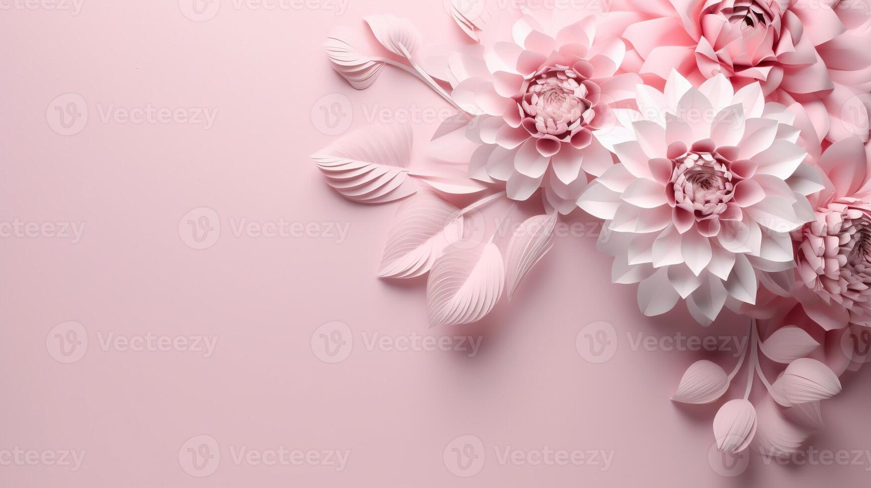 , Paper cut craft flowers and leaves, light pink color, floral origami textured background, spring mood. Photorealistic effect. photo