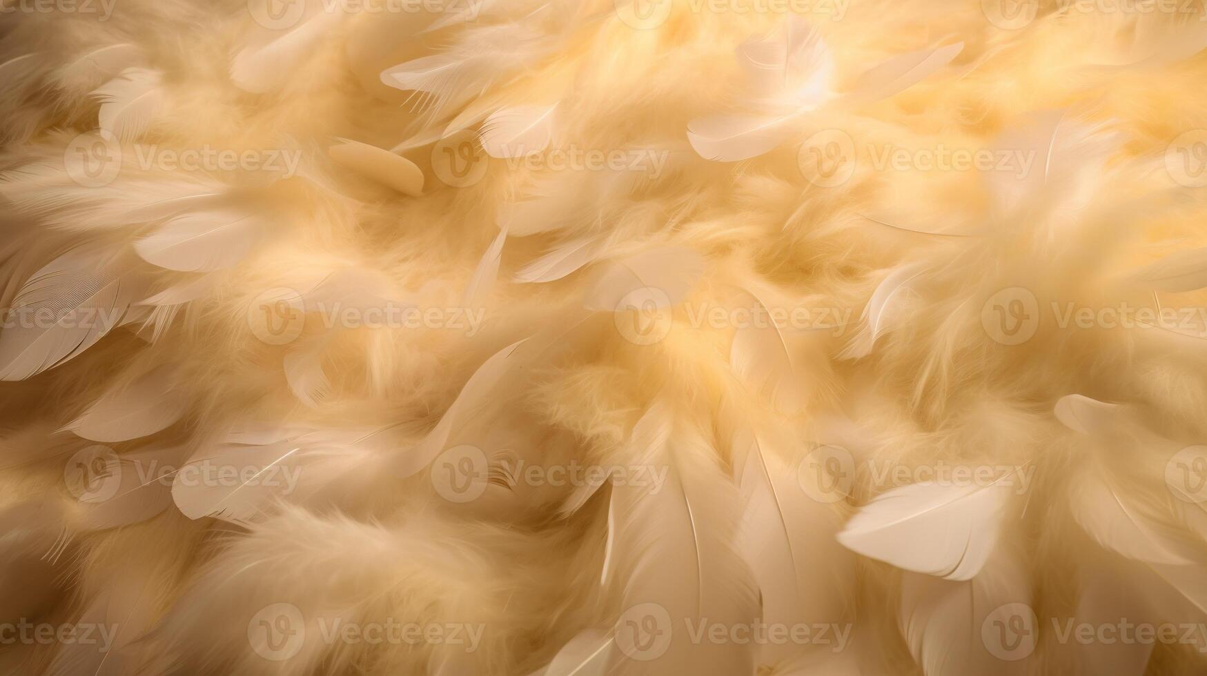 , Beautiful light yellow closeup feathers, photorealistic background. Small fluffy yellow feathers randomly scattered forming photo