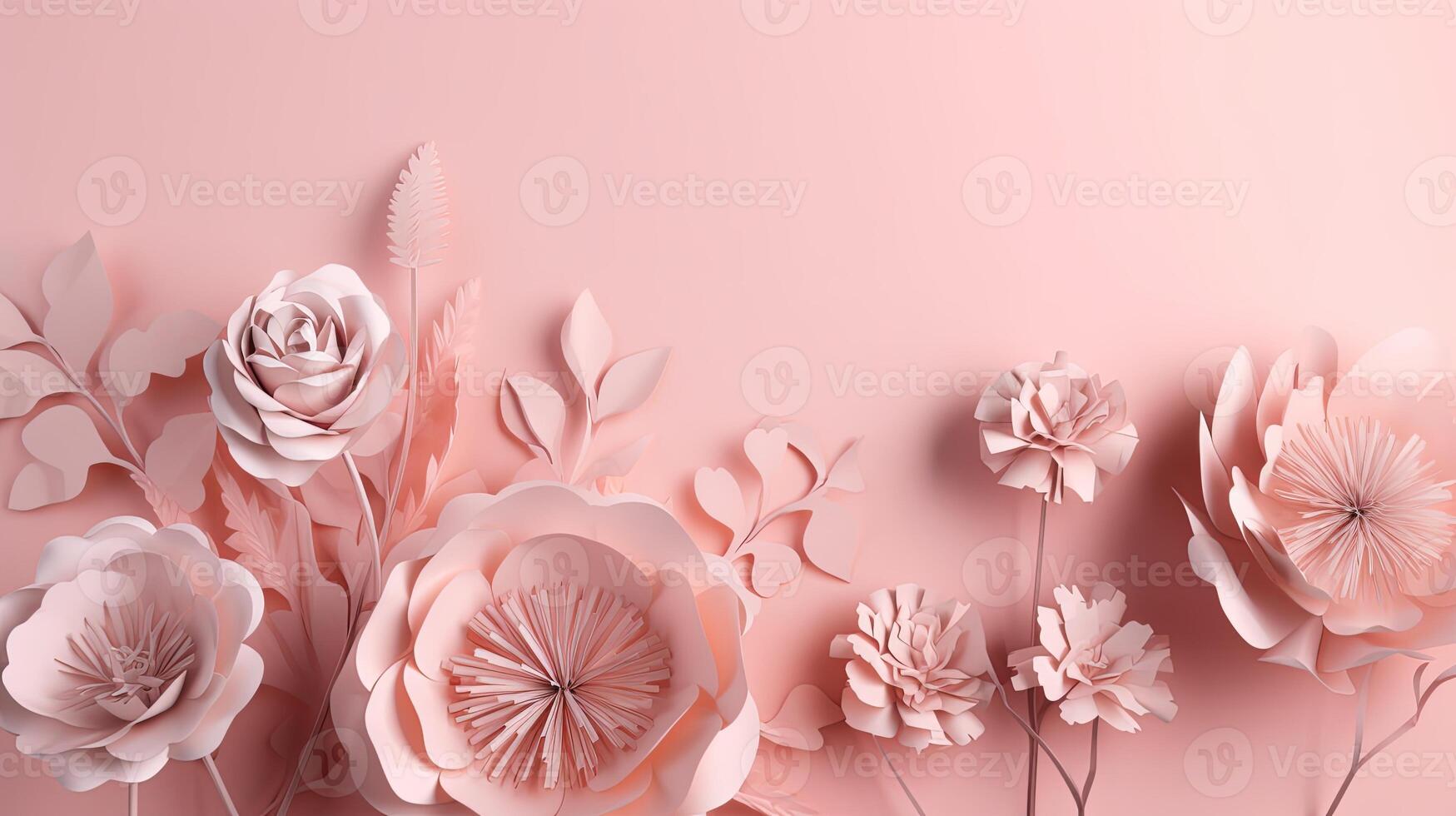 , Paper cut craft flowers and leaves, light pink color, floral origami textured background, spring mood. Photorealistic effect. photo