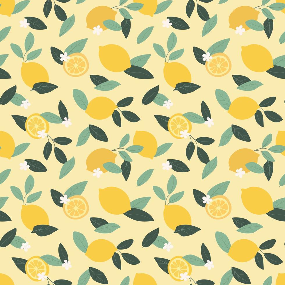 Cartoon seamless pattern with lemons, leaves, and flowers. Hand-drawn vector illustration for summer background, wallpaper, texture