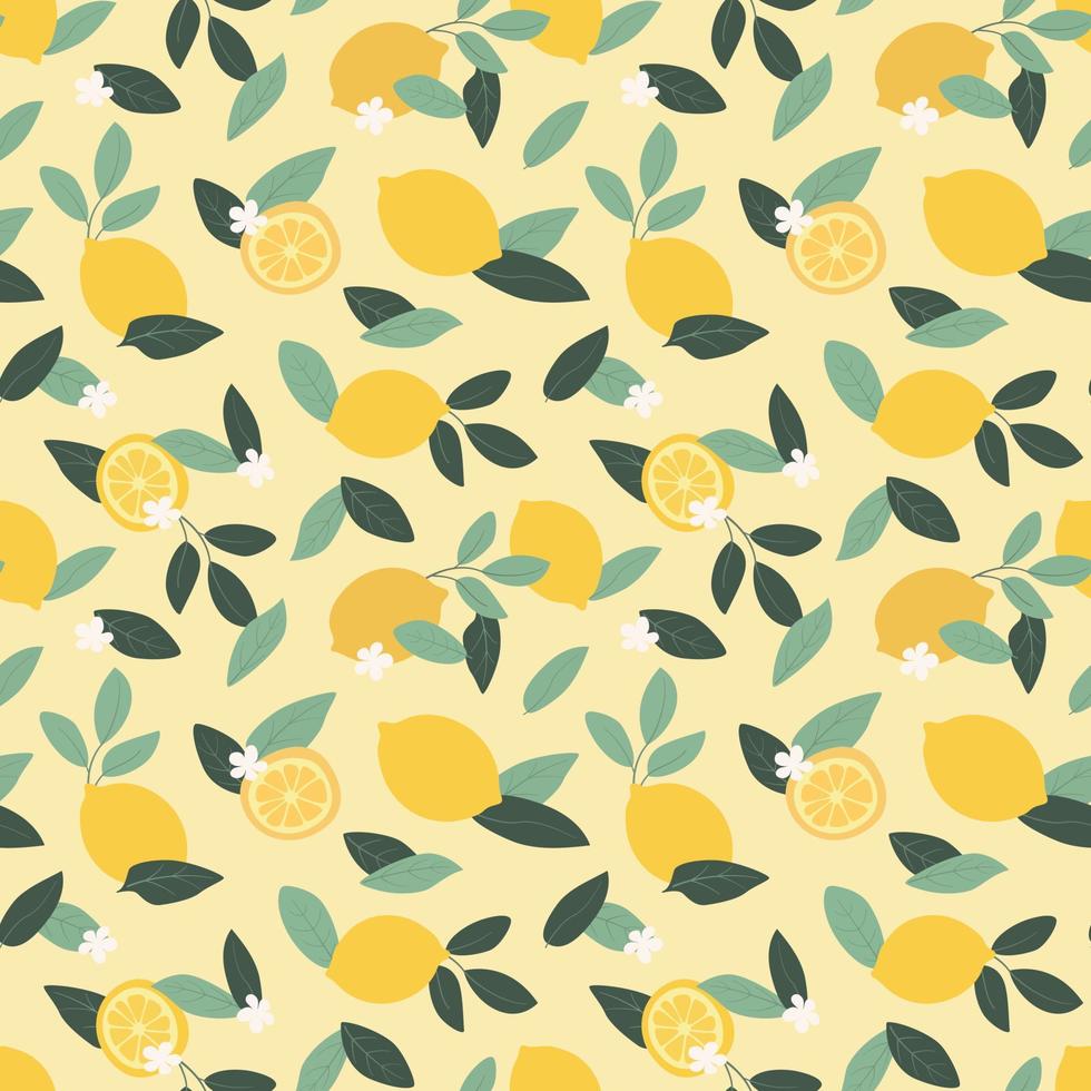 Cartoon seamless pattern with lemons, leaves, and flowers. Hand-drawn vector illustration for summer background, wallpaper, texture