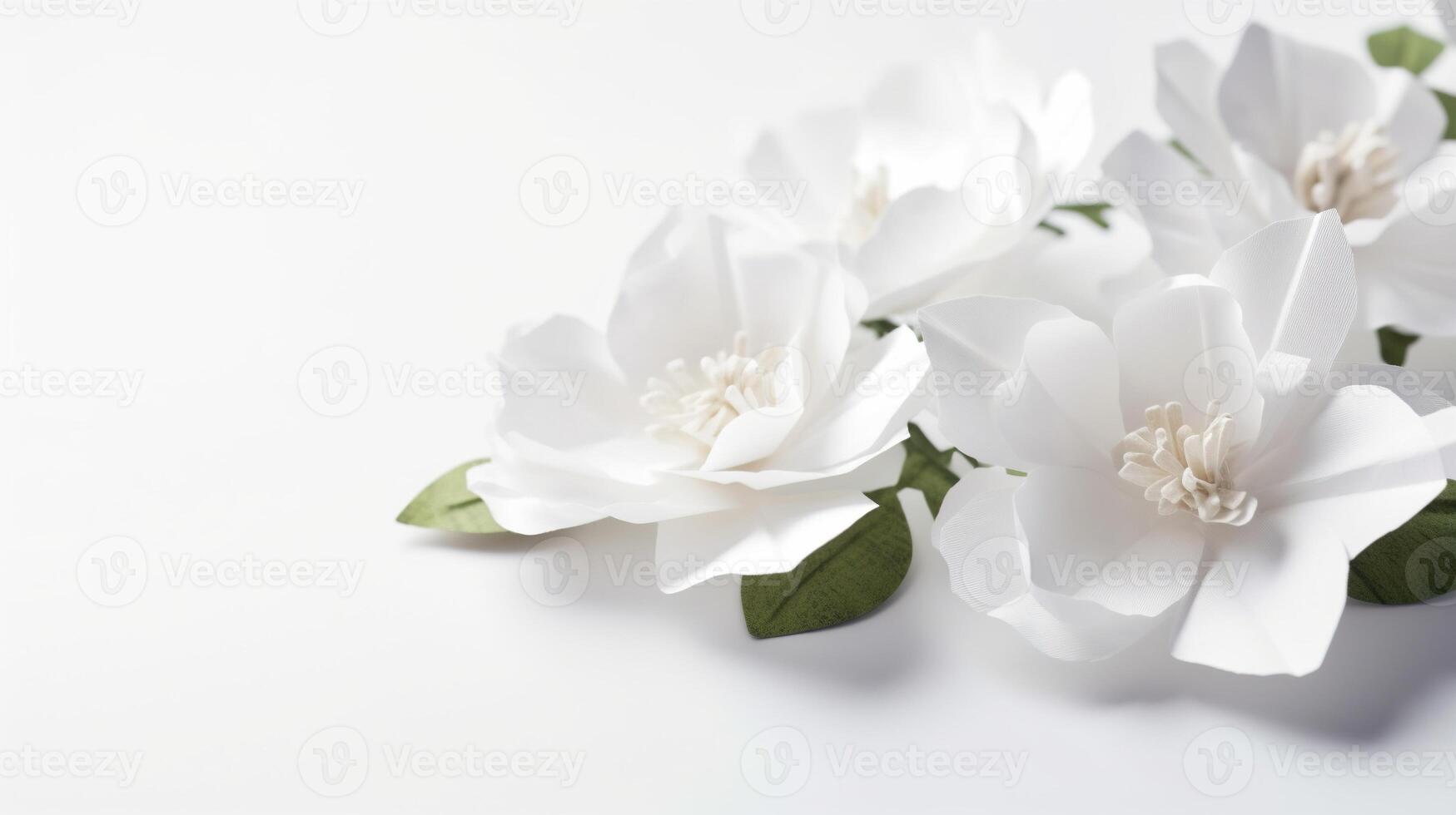 , Paper cut craft flowers and leaves, white color, floral origami textured background, spring mood. Photorealistic effect. photo