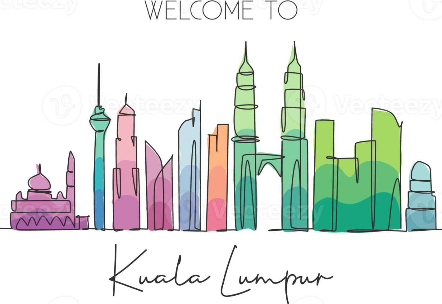 One single line drawing of Kuala Lumpur city skyline, Malaysia. Historical town landscape in the world. Best holiday destination. Editable stroke trendy continuous line draw design vector illustration png