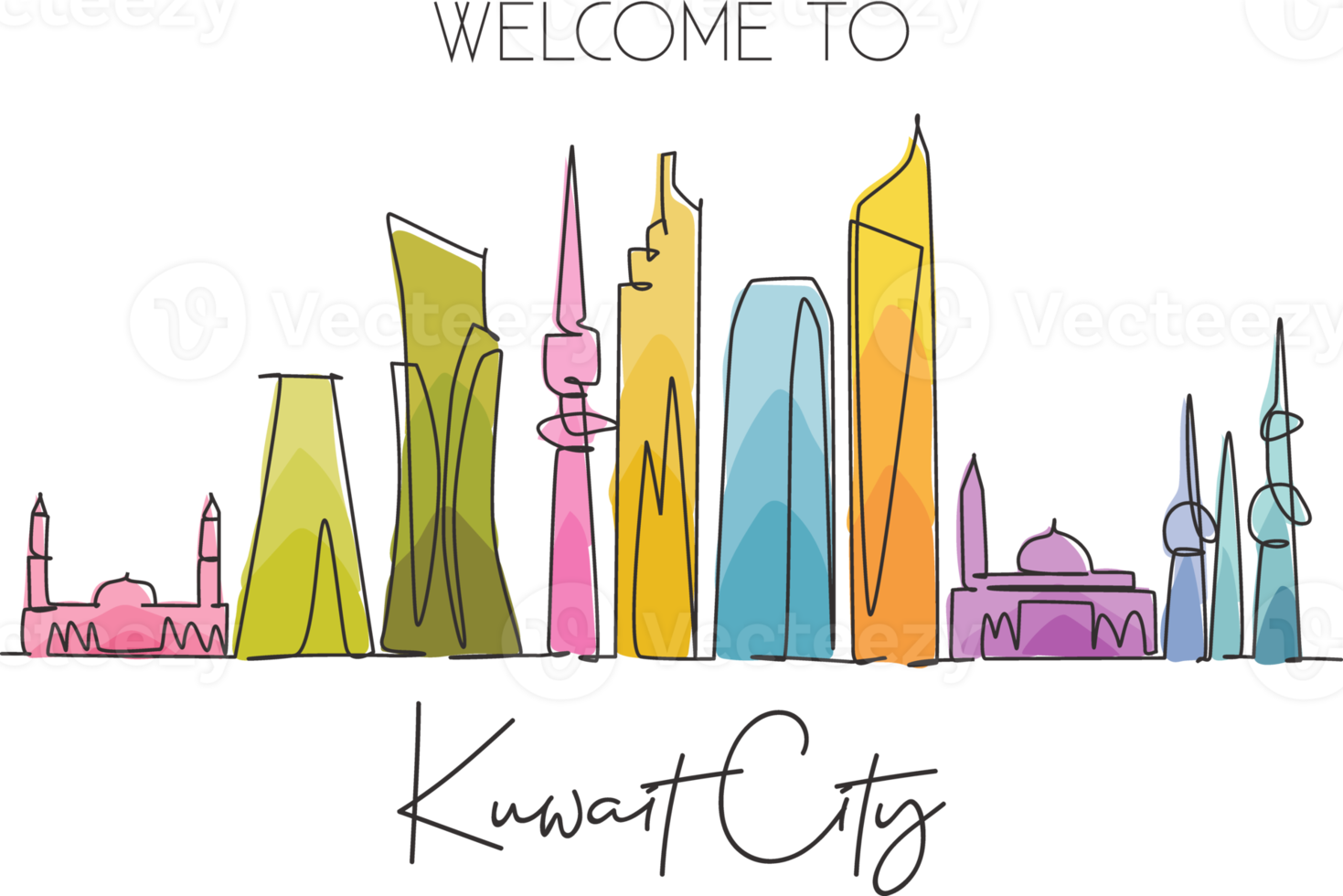 Single continuous line drawing of Kuwait city skyline Middle East. Famous city scraper and landscape home decor wall poster print. World travel concept. Modern one line draw design vector illustration png