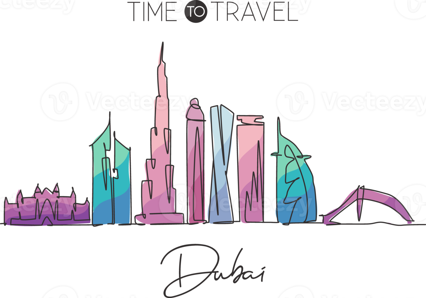 enkele doorlopende lijntekening van de skyline van Dubai, Verenigde Arabische Emiraten. beroemde stad landschap muur decor art poster print. wereld reizen concept. moderne één lijn tekenen ontwerp vectorillustratie png