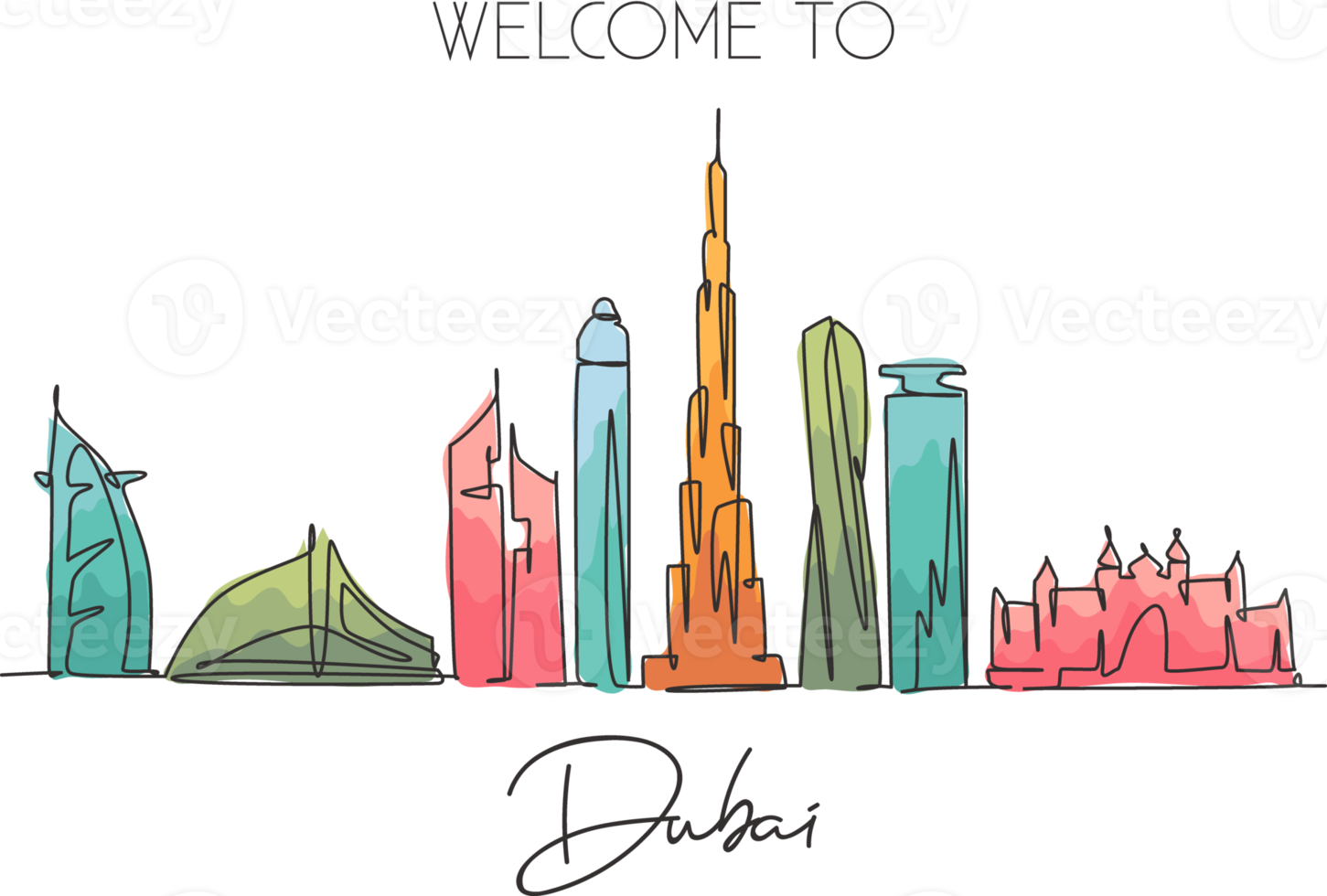 One continuous line drawing of Dubai city skyline United Arab Emirates. Beautiful city landmark. World landscape tourism and travel. Editable stylish stroke single line draw design vector illustration png