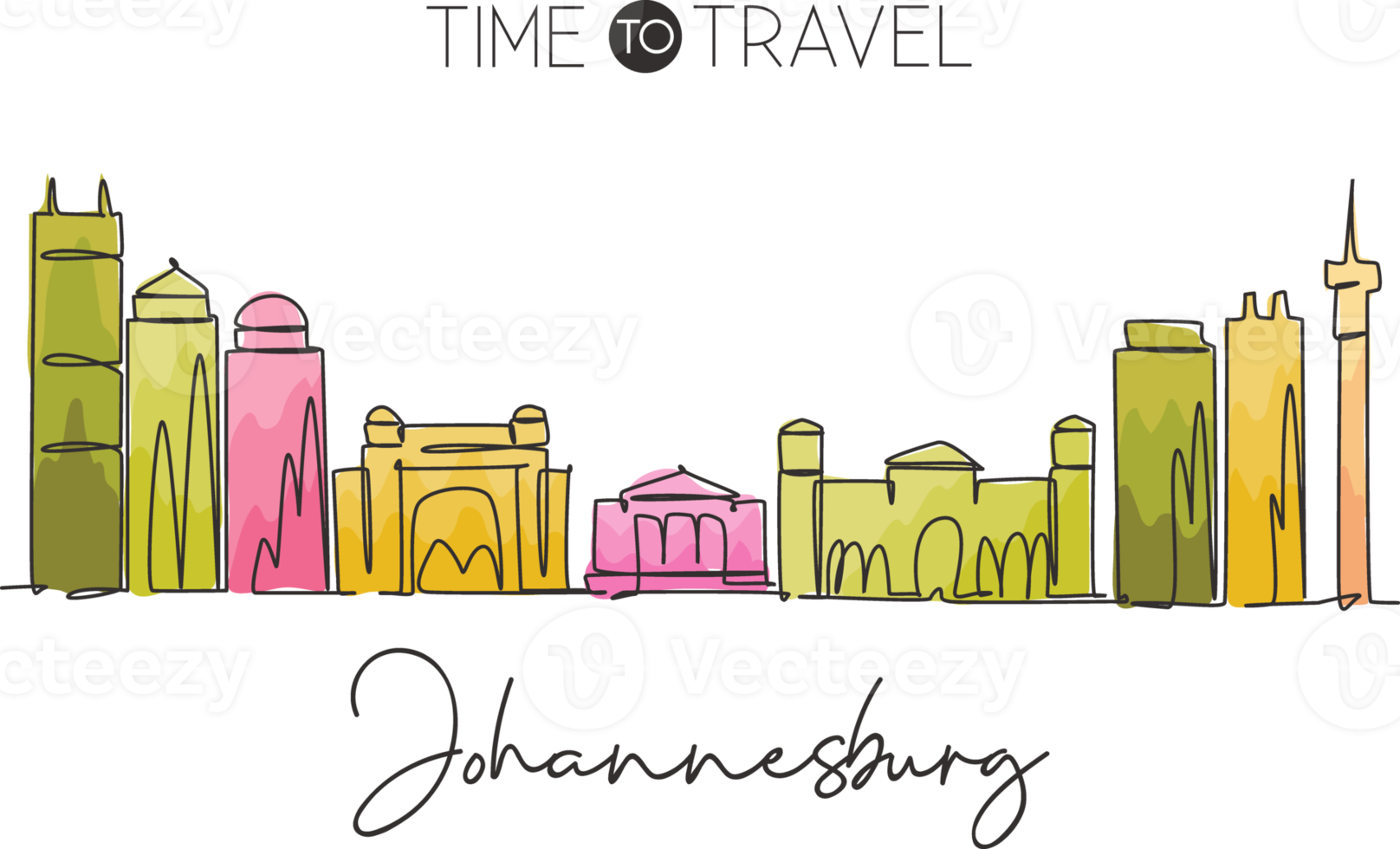 One single line drawing Johannesburg city skyline, South Africa. Historical place landscape postcard. Best holiday destination. Editable stroke trendy continuous line draw design vector illustration png