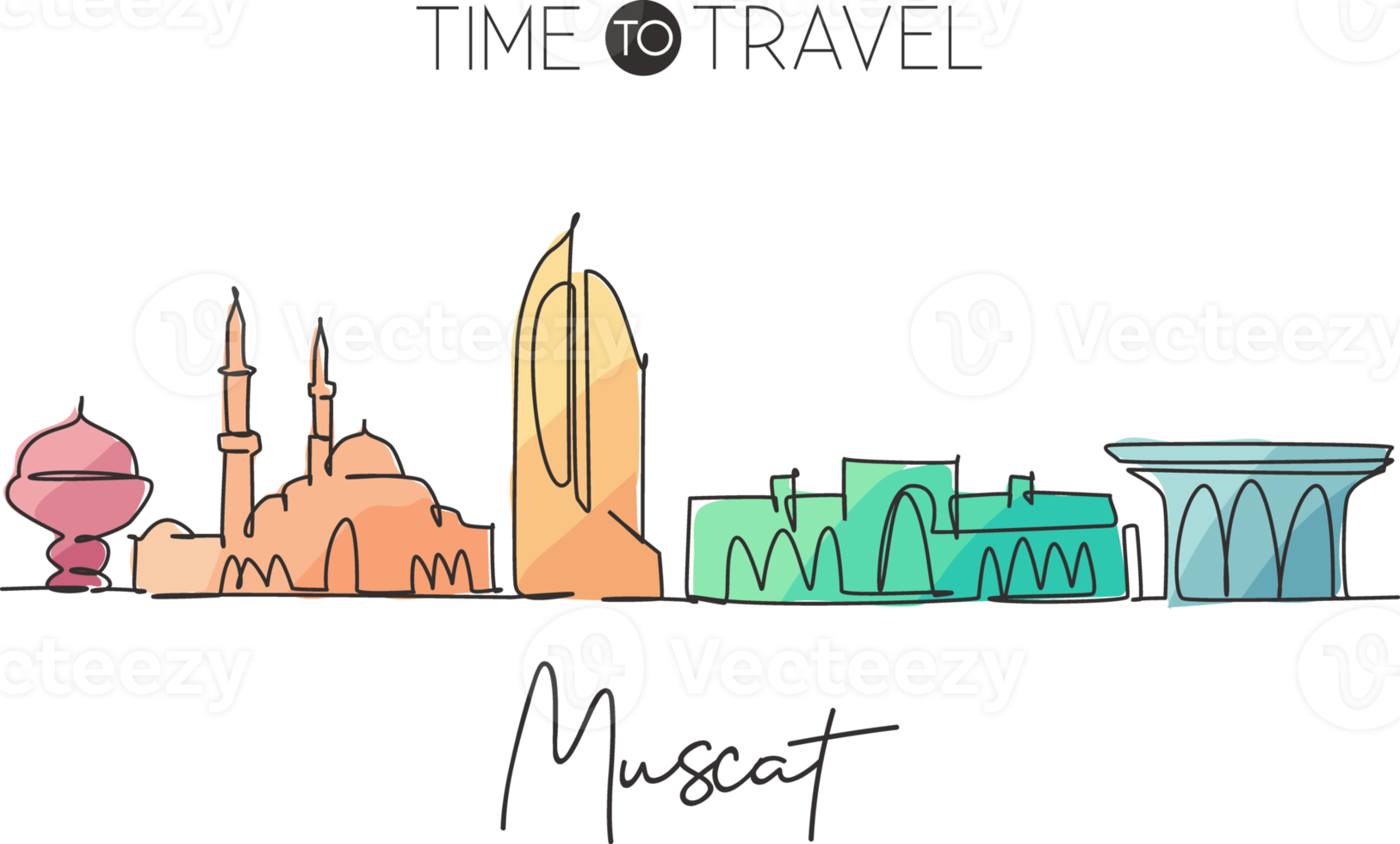 One single line drawing of Muscat city skyline, Oman. Historical town landscape in the world. Best holiday destination. Editable stroke trendy continuous line draw design vector graphic illustration png