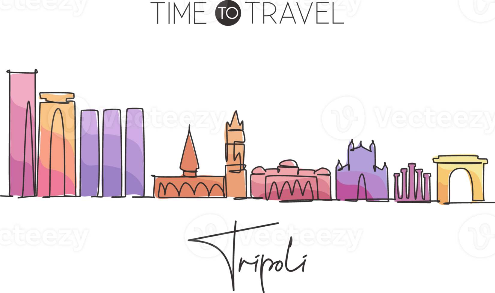 Single continuous line drawing of Tripoli city skyline, Libya. Famous city scraper and landscape home wall decor art poster print. World travel concept. Modern one line draw design vector illustration png