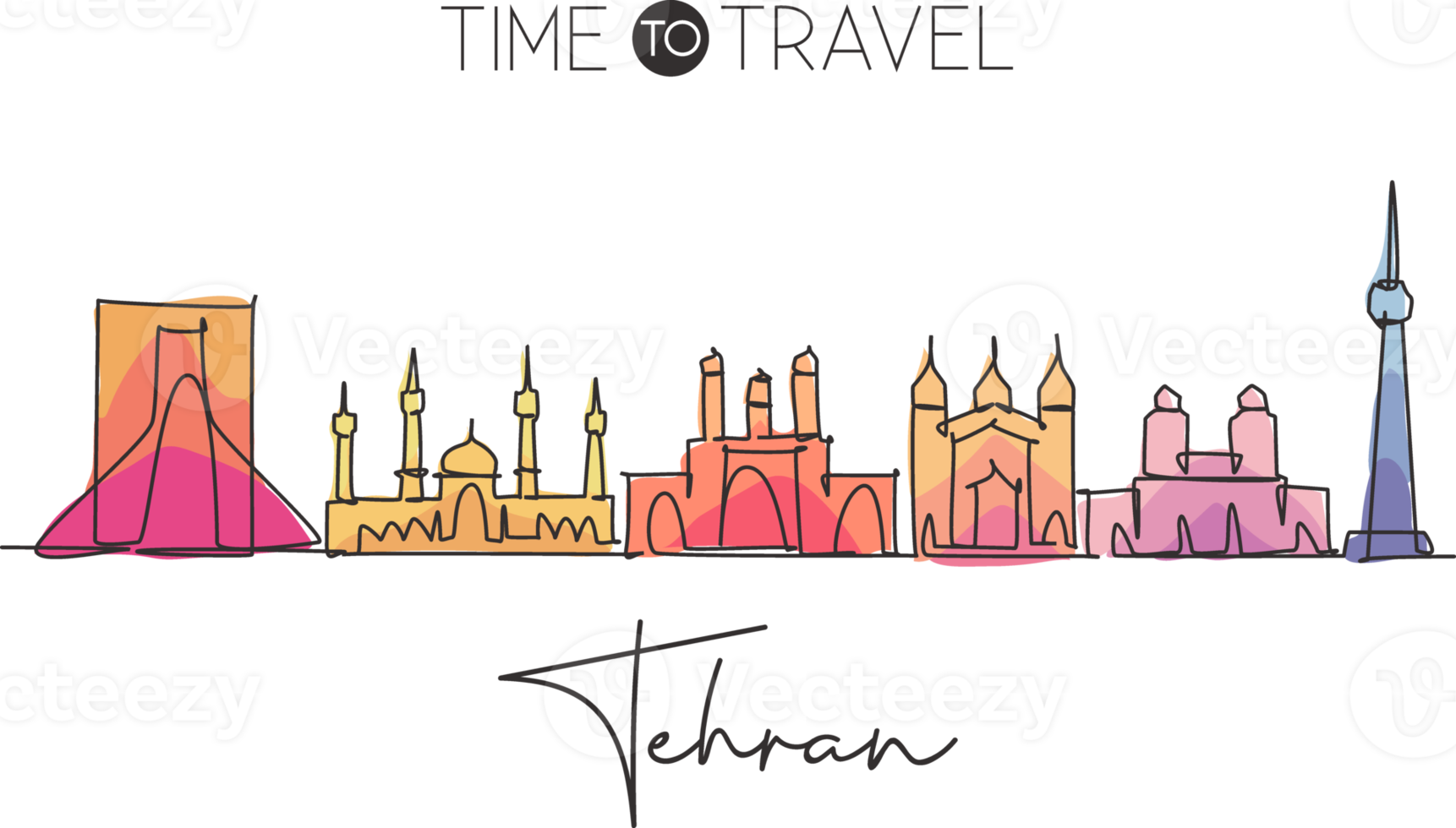 One single line drawing of Tehran or Teheran city skyline Iran. Historical town landscape in the world. Best holiday destination. Editable stroke trendy continuous line draw design vector illustration png