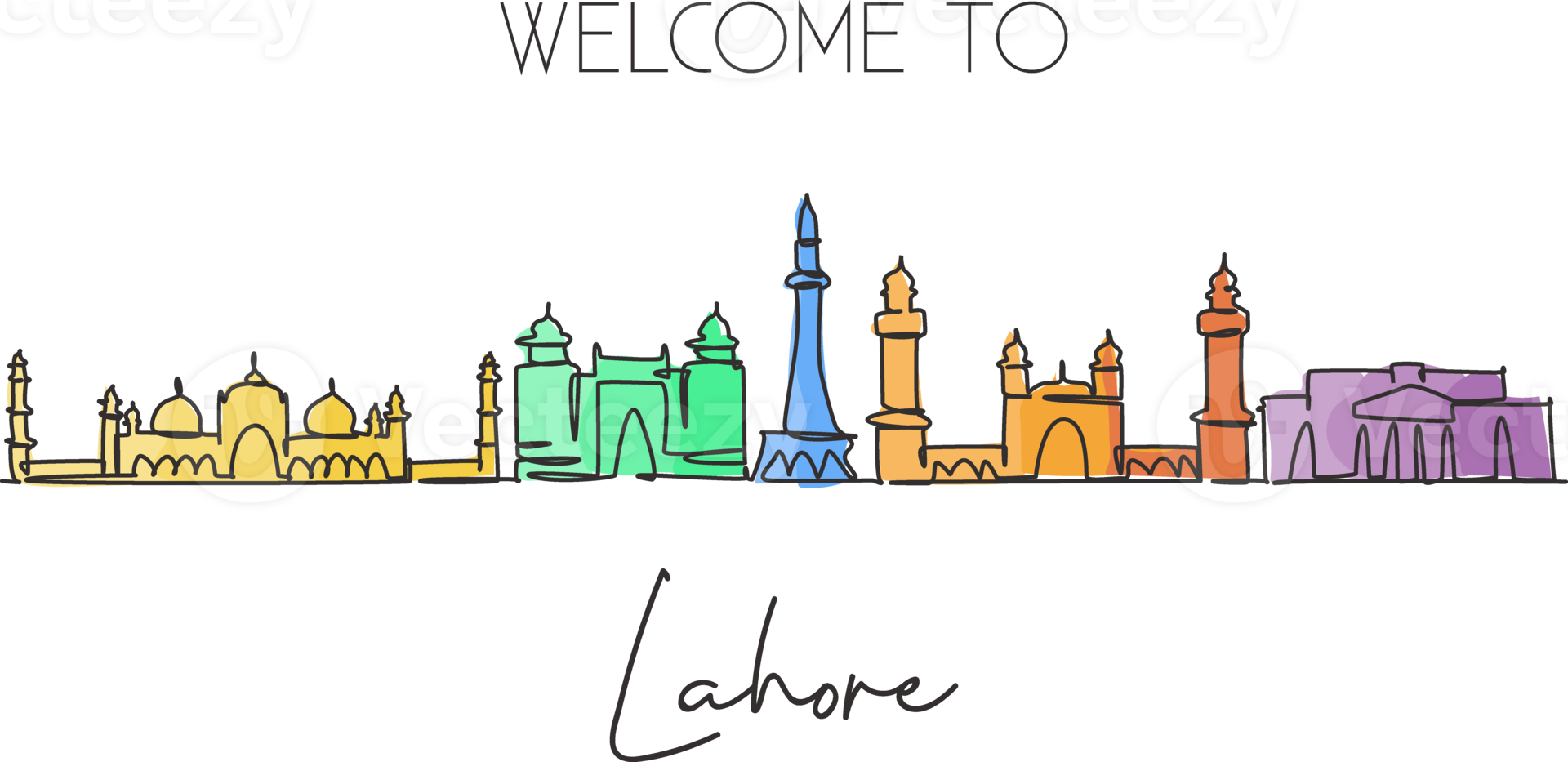 Single continuous line drawing of Lahore city skyline, Pakistan. Famous city scraper landscape home decor wall art poster print. World travel concept. Modern one line draw design vector illustration png