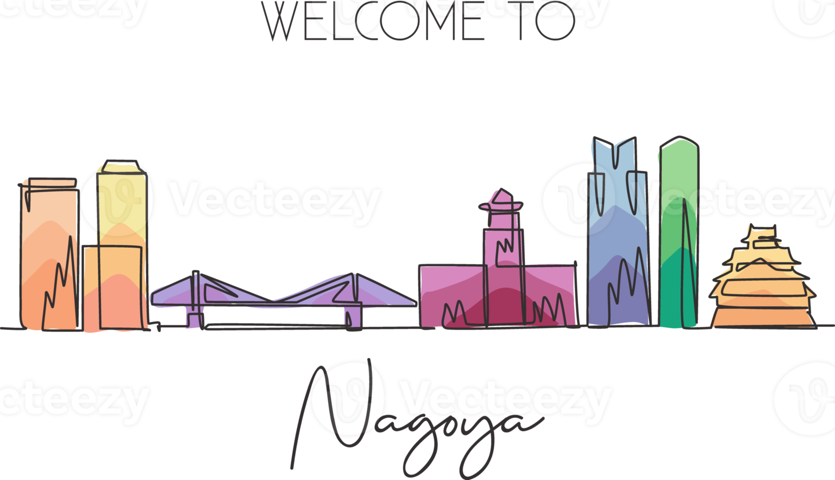 One single line drawing of Nagoya city skyline, Japan. Historical town landscape in the world. Best holiday destination poster. Editable stroke trendy continuous line draw design vector illustration png
