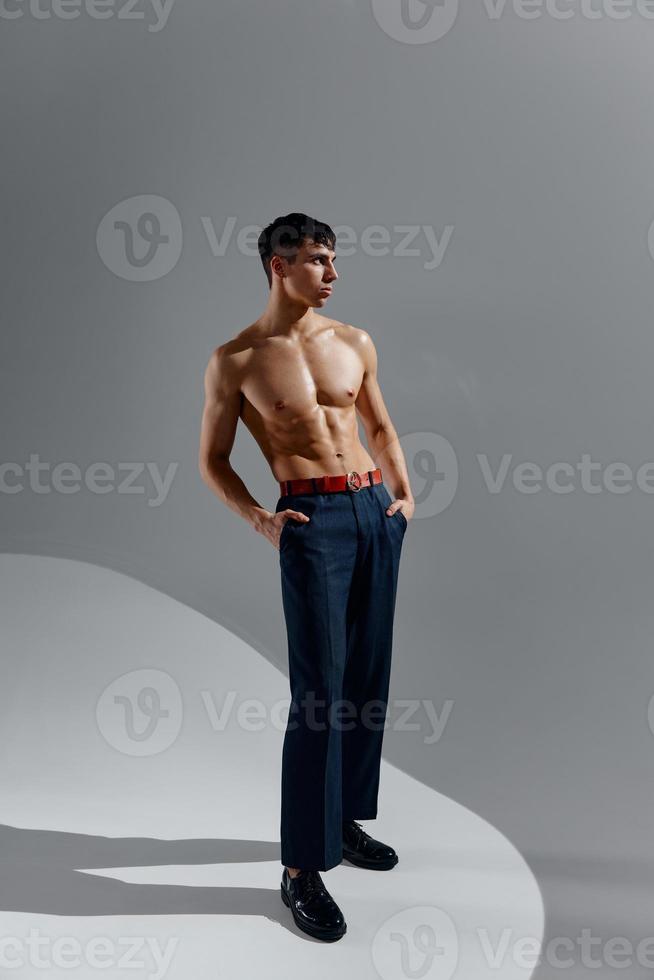 athletic male models in jeans and shoes naked torso bodybuilder fitness photo