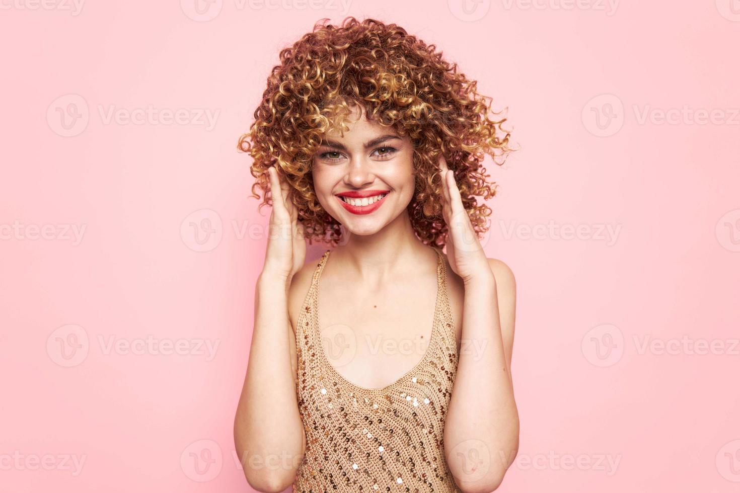 Woman portrait white smile curly hair bright makeup photo
