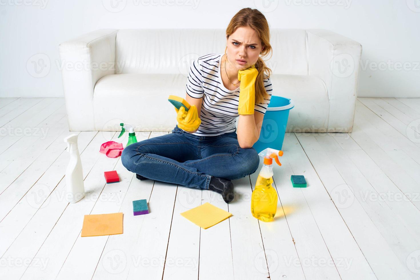 Cleaning lady at home interior housewife rendering service detergent photo