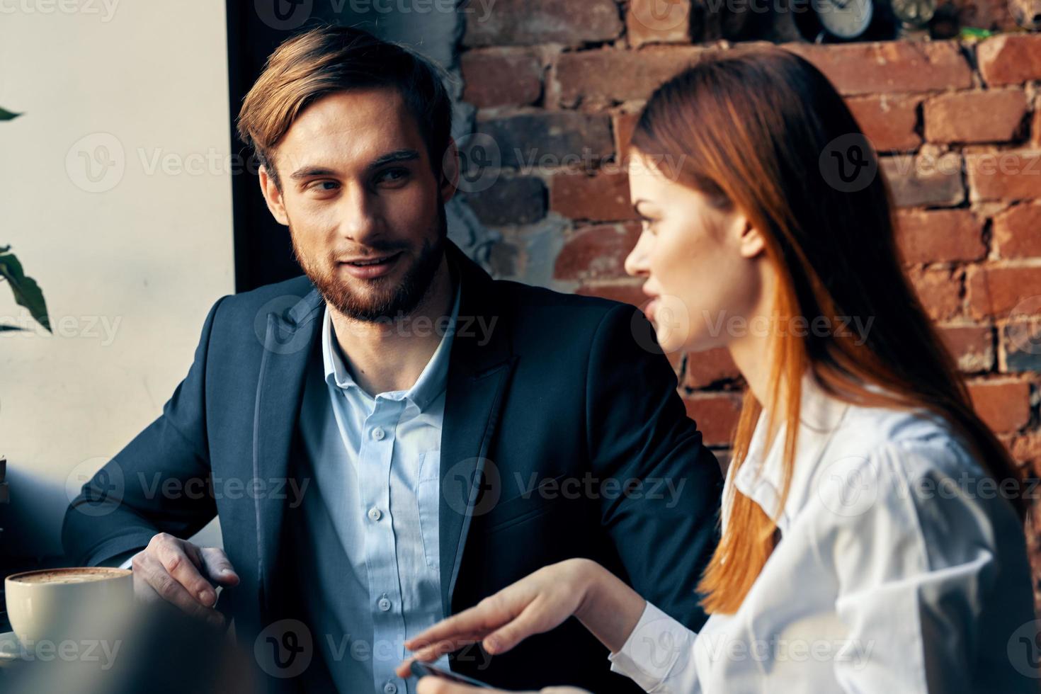 work colleagues in a restaurant rest breakfast communication technology photo