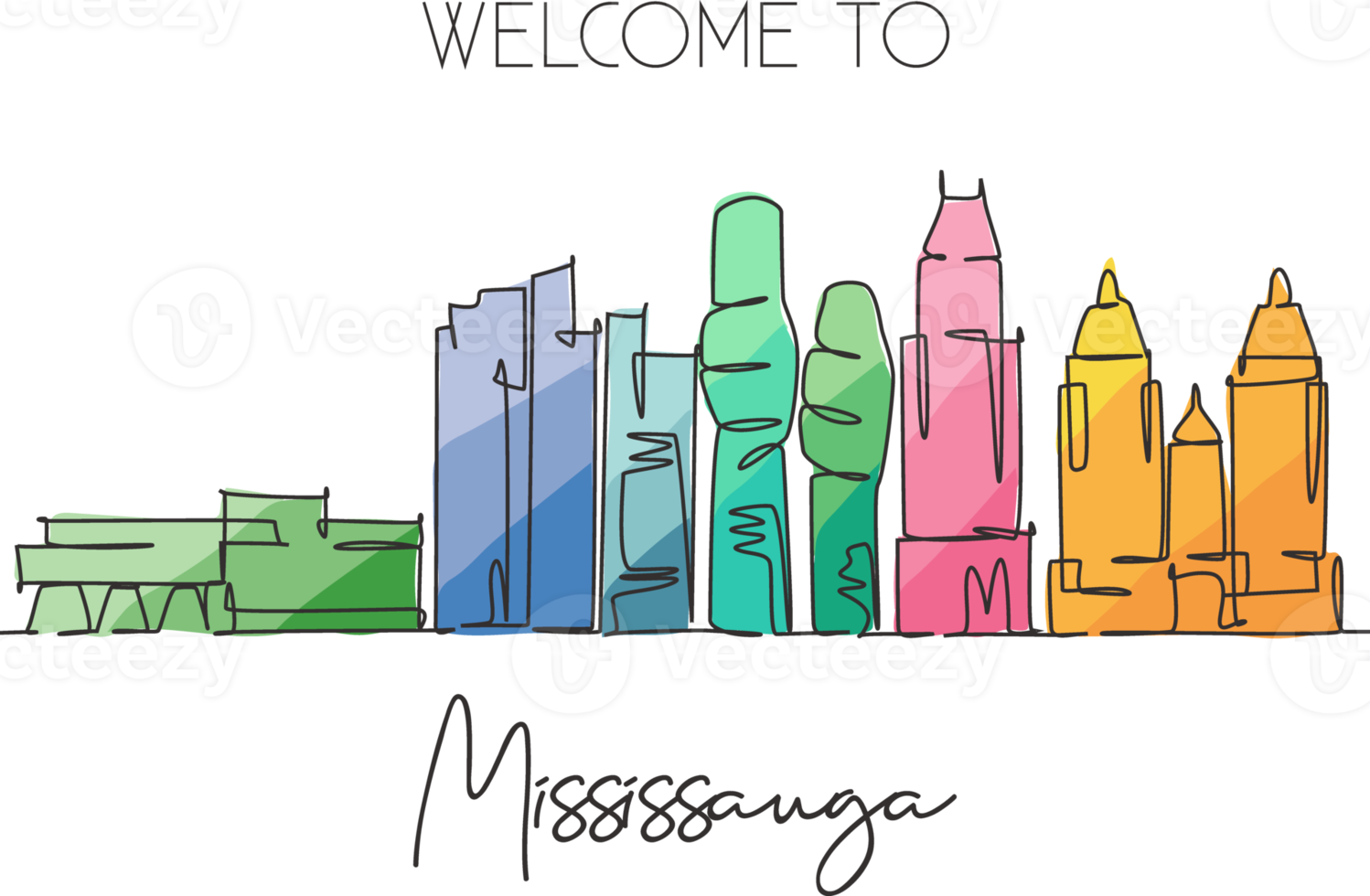 One single line drawing Mississauga city skyline Canada. World historical town landscape. Best place holiday destination home wall decor poster print. Continuous line draw design vector illustration png