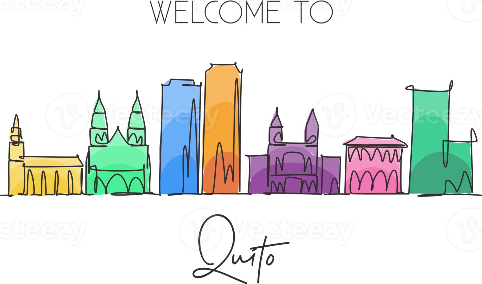 One single line drawing of Quito city skyline, Ecuador. World historical town landscape. Best holiday place destination postcard. Editable stroke trendy continuous line draw design vector illustration png