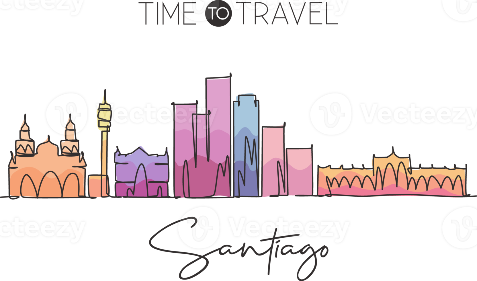 One continuous line drawing Santiago city skyline, Chile. Beautiful landmark. World landscape tourism and travel vacation postcard. Editable stylish stroke single line draw design vector illustration png