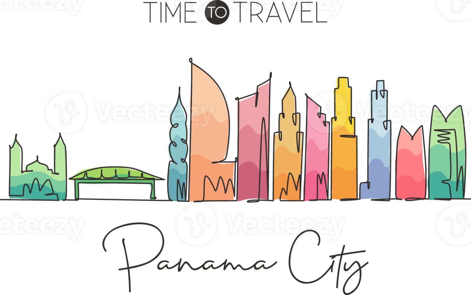 Single continuous line drawing Panama city skyline, Panama. Famous city scraper landscape. World travel destination concept wall decor poster print art. Modern one line draw design vector illustration png