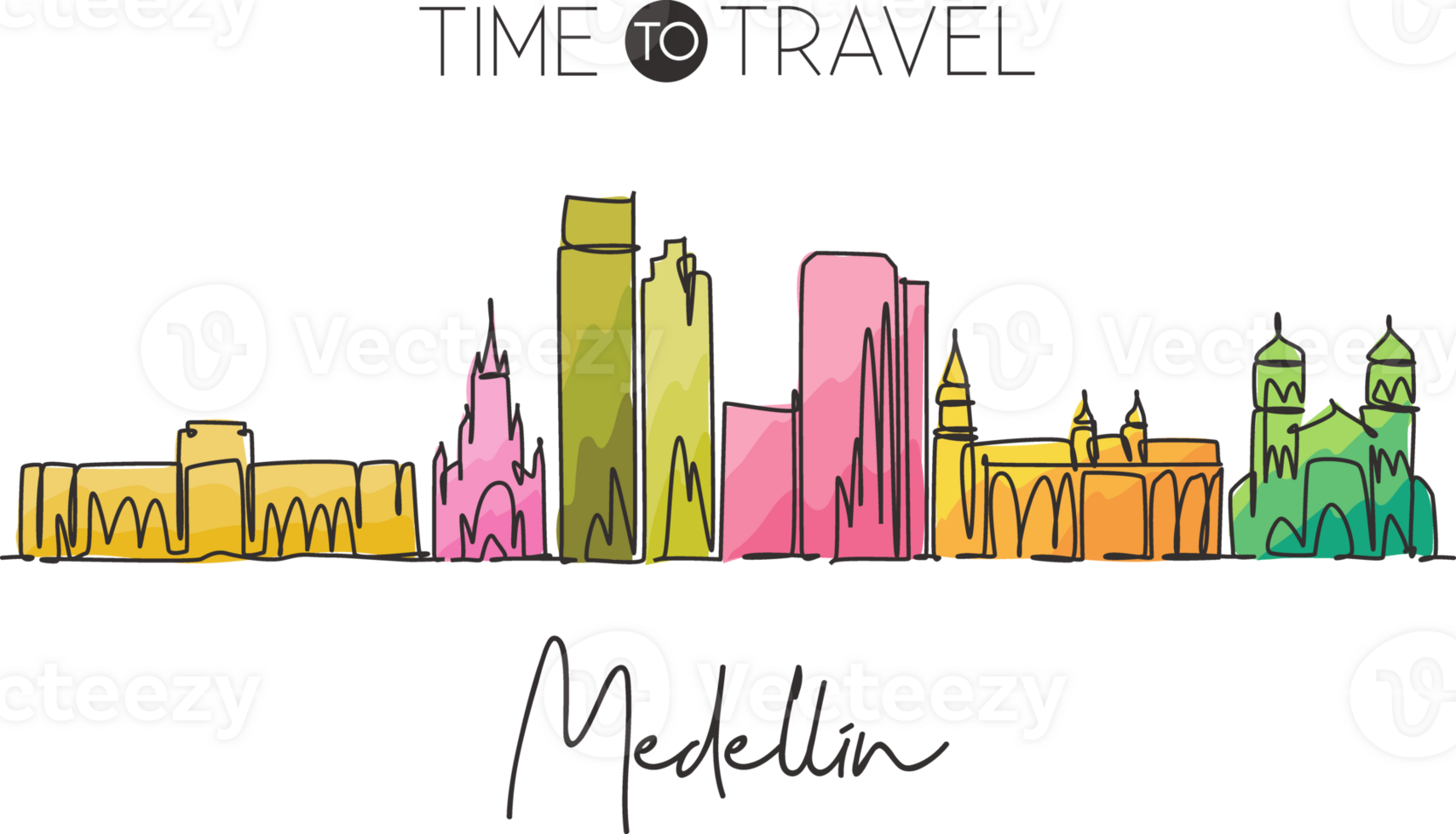 Single continuous line drawing of Medellin city skyline, Colombia. Famous city scraper and landscape. World travel destination concept. Editable stroke modern one line draw design vector illustration png