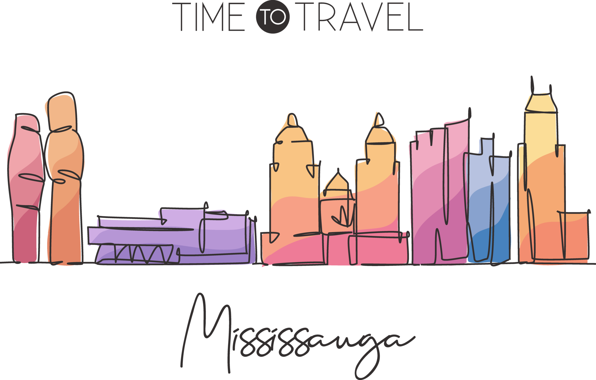 One continuous line drawing Mississauga city skyline, Canada. Beautiful