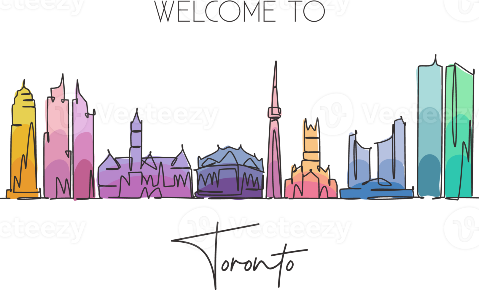 One continuous line drawing of Toronto city skyline, Canada. Beautiful landmark postcard. World landscape tourism travel vacation. Editable stylish stroke single line draw design vector illustration png