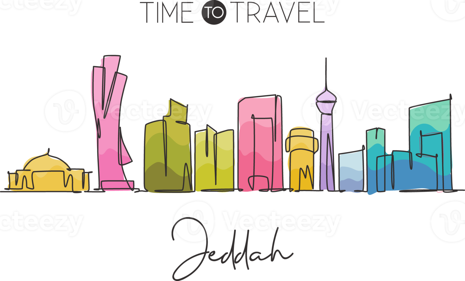 een enkele lijntekening van de skyline van de stad jeddah, saoedi-arabië. wereld historisch stadslandschap. beste vakantiebestemming muur decor poster print. trendy doorlopende lijn tekenen ontwerp vectorillustratie png