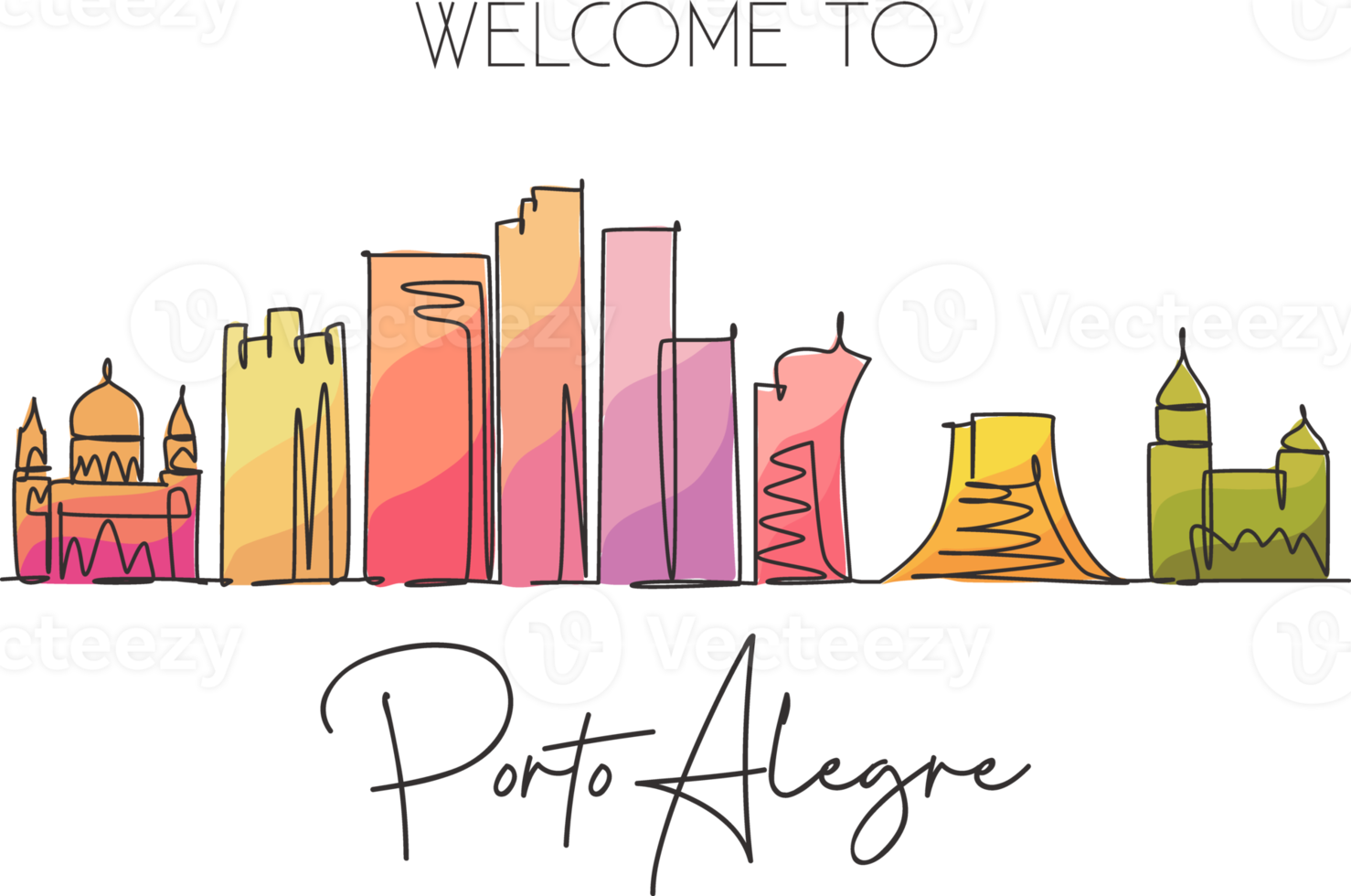 Single continuous line drawing of Porto Alegre city skyline, Brazil. Famous city scraper landscape. World travel destination concept. Editable stroke modern one line draw design vector illustration png