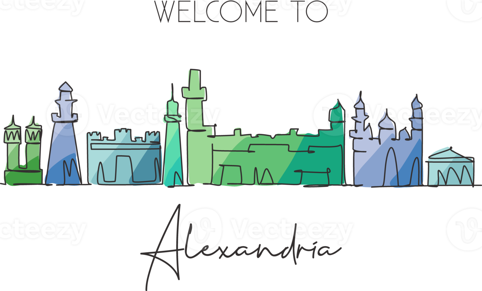 eine durchgehende strichzeichnung der skyline von alexandria, ägypten. schönes Wahrzeichen der Stadt. Weltlandschaftstourismus und Reiseurlaub. bearbeitbare, stilvolle, einzeilige, strichzeichnung, design, vektor, illustration png
