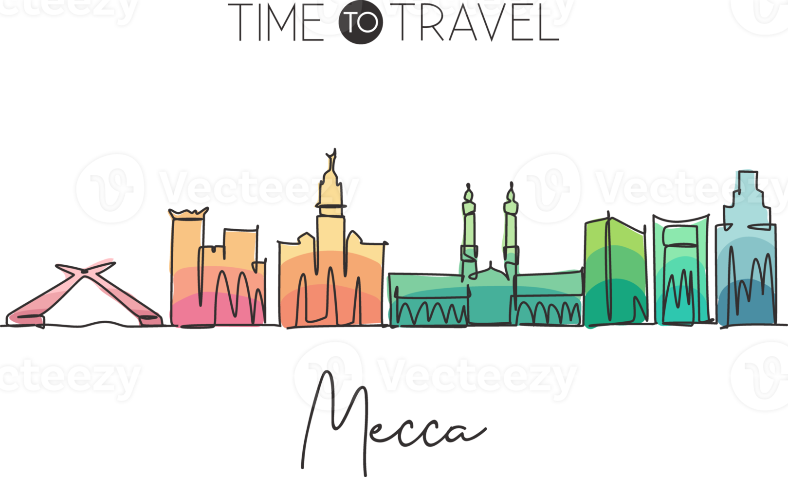 Single continuous line drawing of Mecca holy city skyline, Saudi Arabia. Famous city scraper landscape. World travel home decor wall art poster print. Modern one line draw design vector illustration png