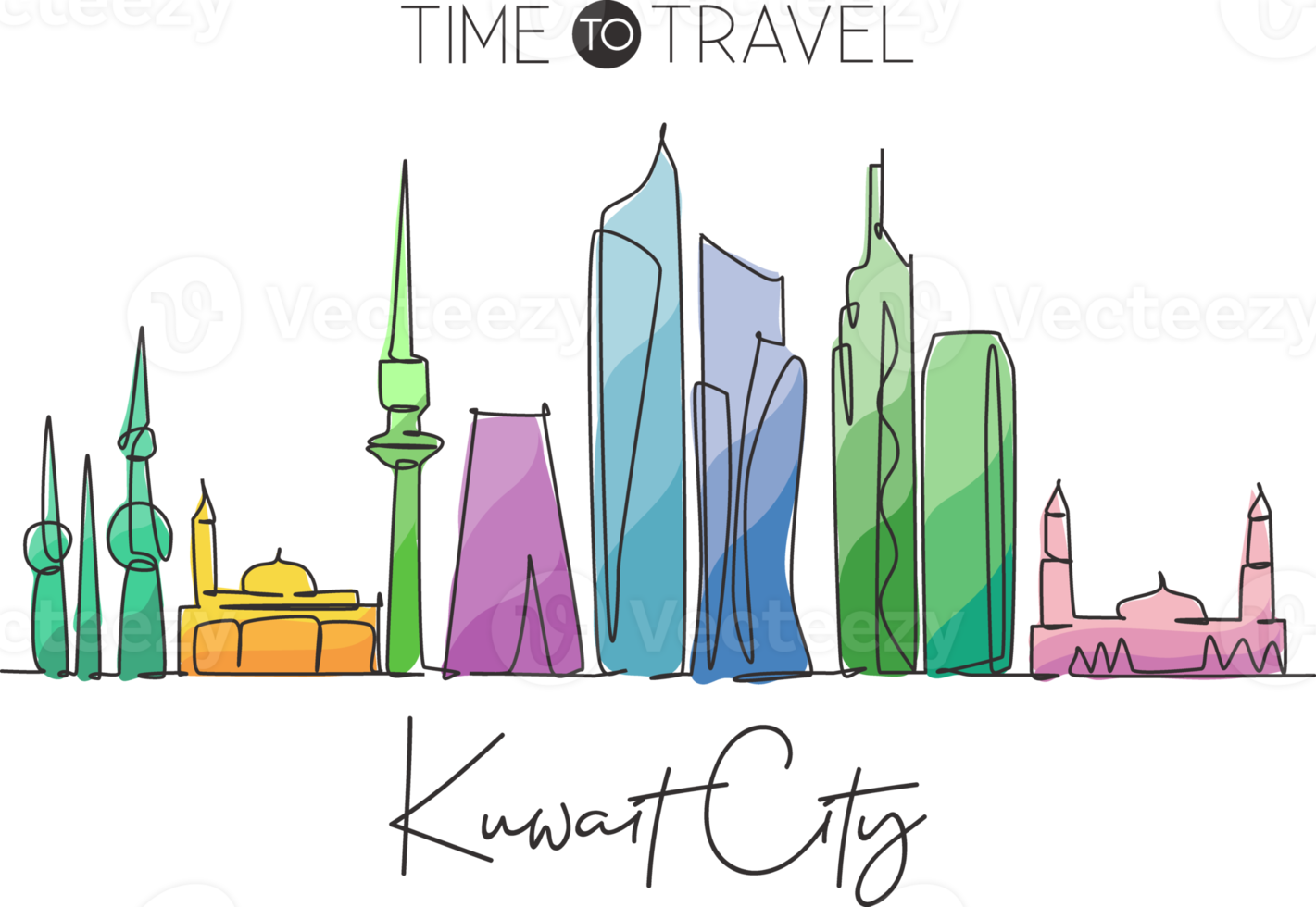 en kontinuerlig linjeritning av Kuwaits stadssilhuett, Kuwait. vacker stad landmärke. världslandskapsturism och resesemester. redigerbara eleganta stroke en rad rita design vektorillustration png