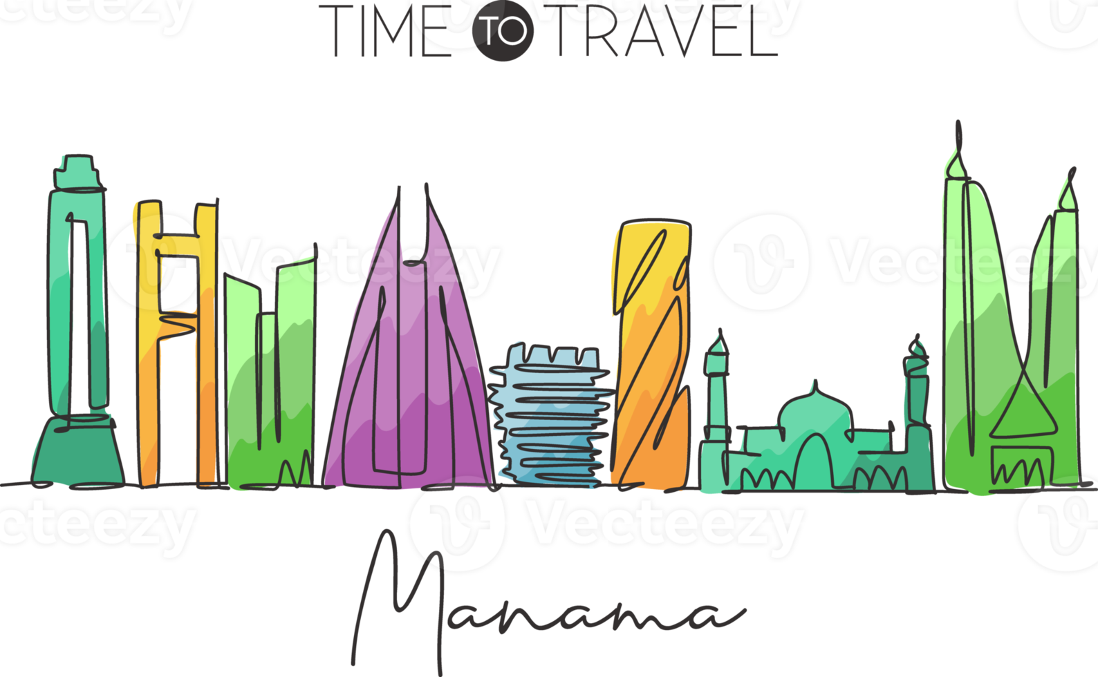 skyline della città di manama, bahrain, disegno a linea continua singola. famoso raschietto della città e paesaggio per la decorazione della parete di casa poster stampa art. concetto di viaggio nel mondo. illustrazione vettoriale moderna di disegno di una linea png