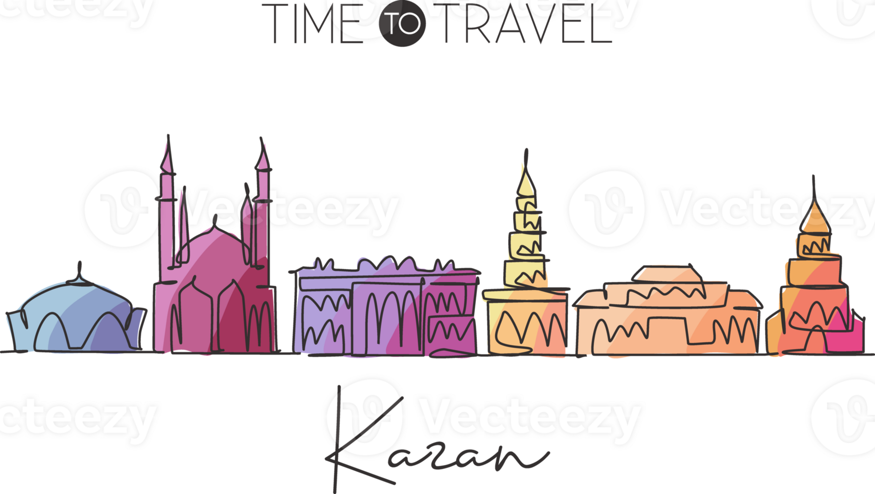 One continuous line drawing of Kazan skyline, Russia. Beautiful landmark home decor wall art poster print. World landscape tourism travel vacation. Stylish single line draw design vector illustration png