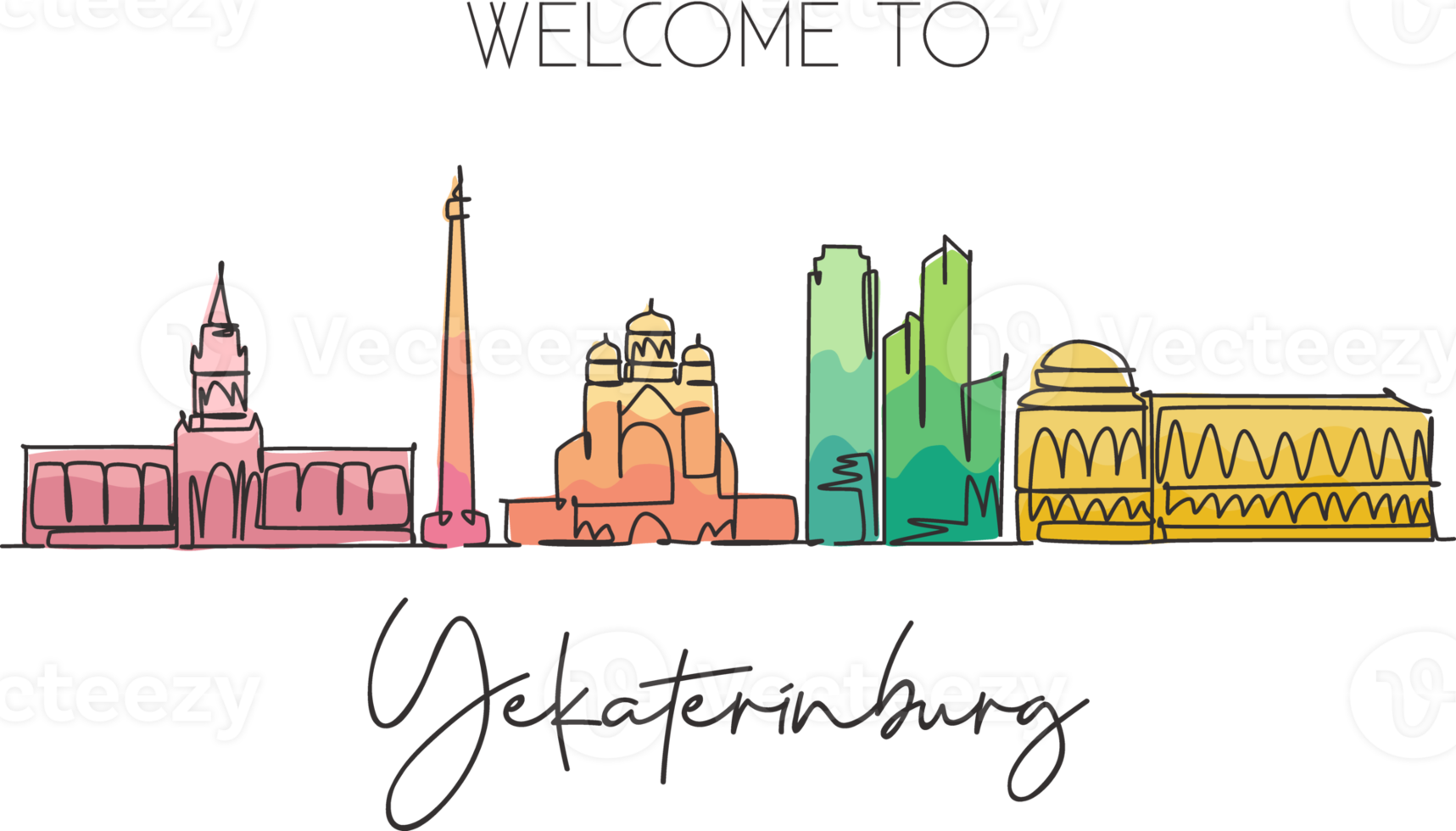 One continuous line drawing Yekaterinburg city skyline Russia. Beautiful landmark postcard. World landscape tourism travel vacation. Editable stylish stroke single line draw design vector illustration png