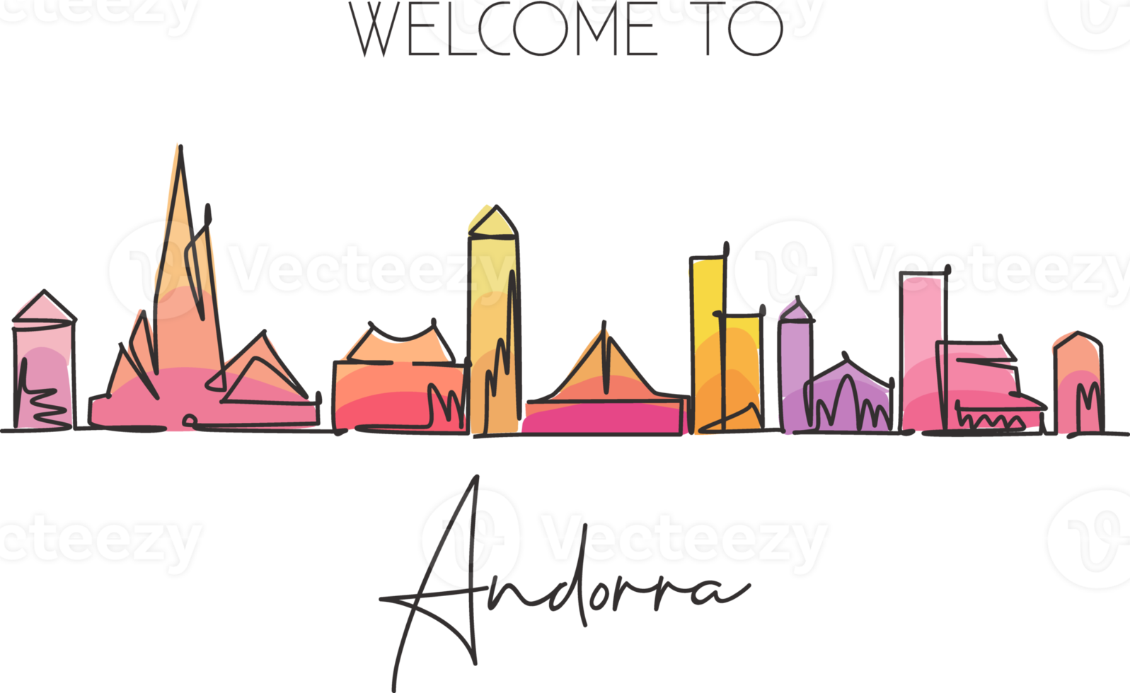 One single line drawing of Andorra la Vella city skyline. World historical town landscape. Best place holiday destination postcard. Editable stroke continuous line draw design vector art illustration png