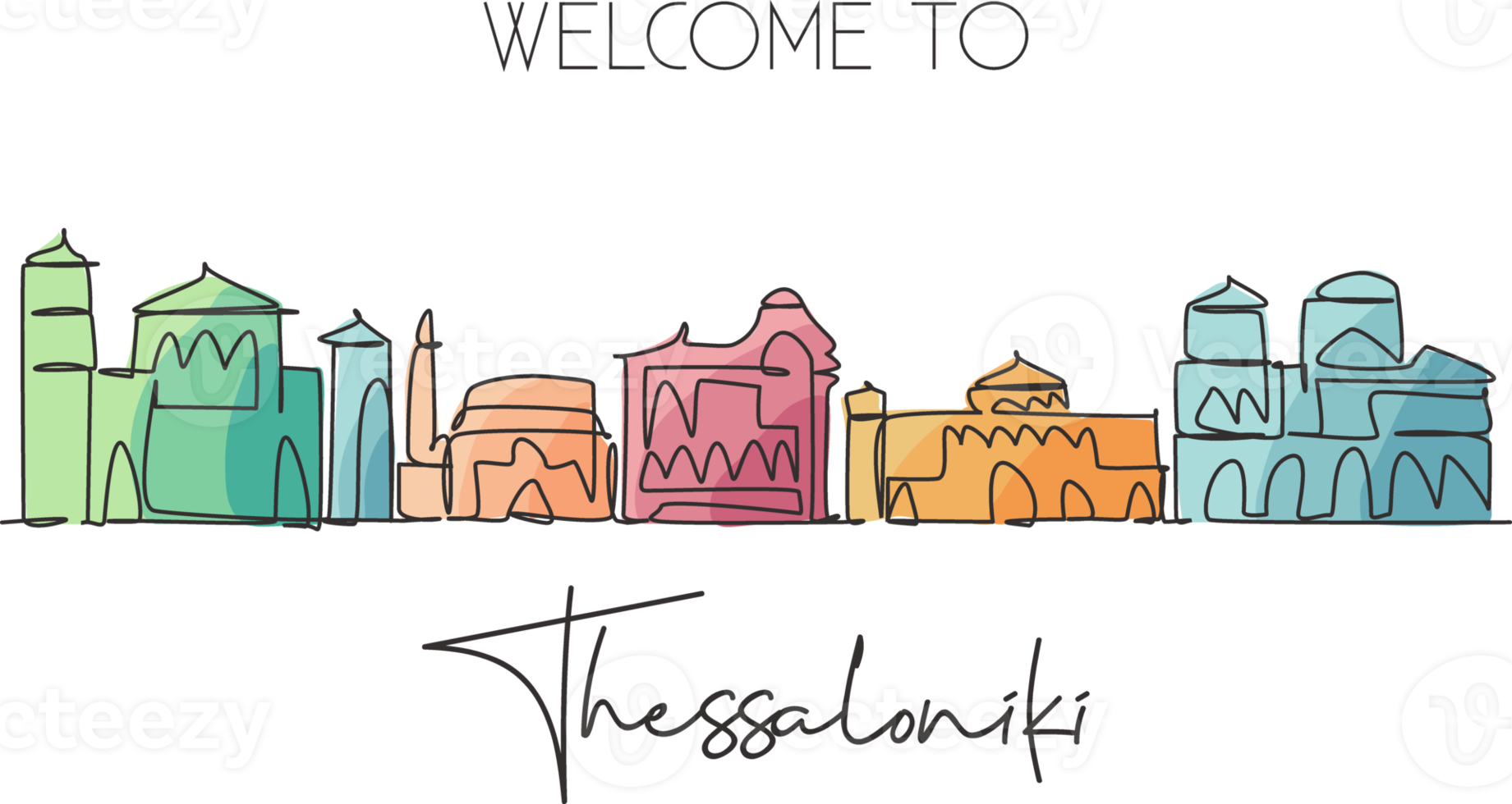 enkele doorlopende lijntekening thessaloniki skyline, griekenland. beroemde stad schraper landschap. wereld reisbestemming briefkaart concept. bewerkbare lijn moderne één lijn tekenen ontwerp vectorillustratie png
