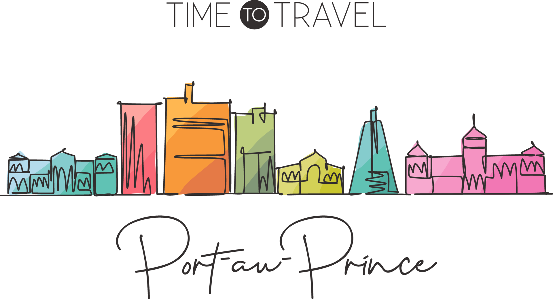 One continuous line drawing of Port au Prince city skyline, Haiti