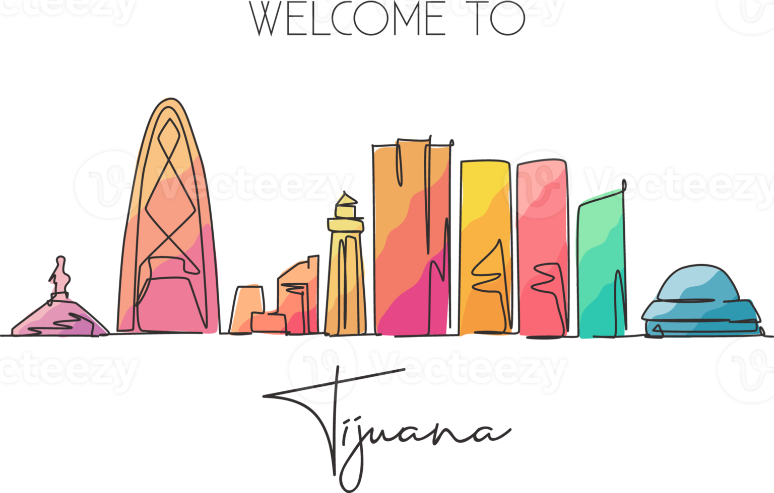 en kontinuerlig linjeteckning Tijuana stads silhuett, Mexiko. vackert landmärke vykort. världslandskapsturism och resesemester. redigerbara eleganta stroke en rad rita design vektorillustration png