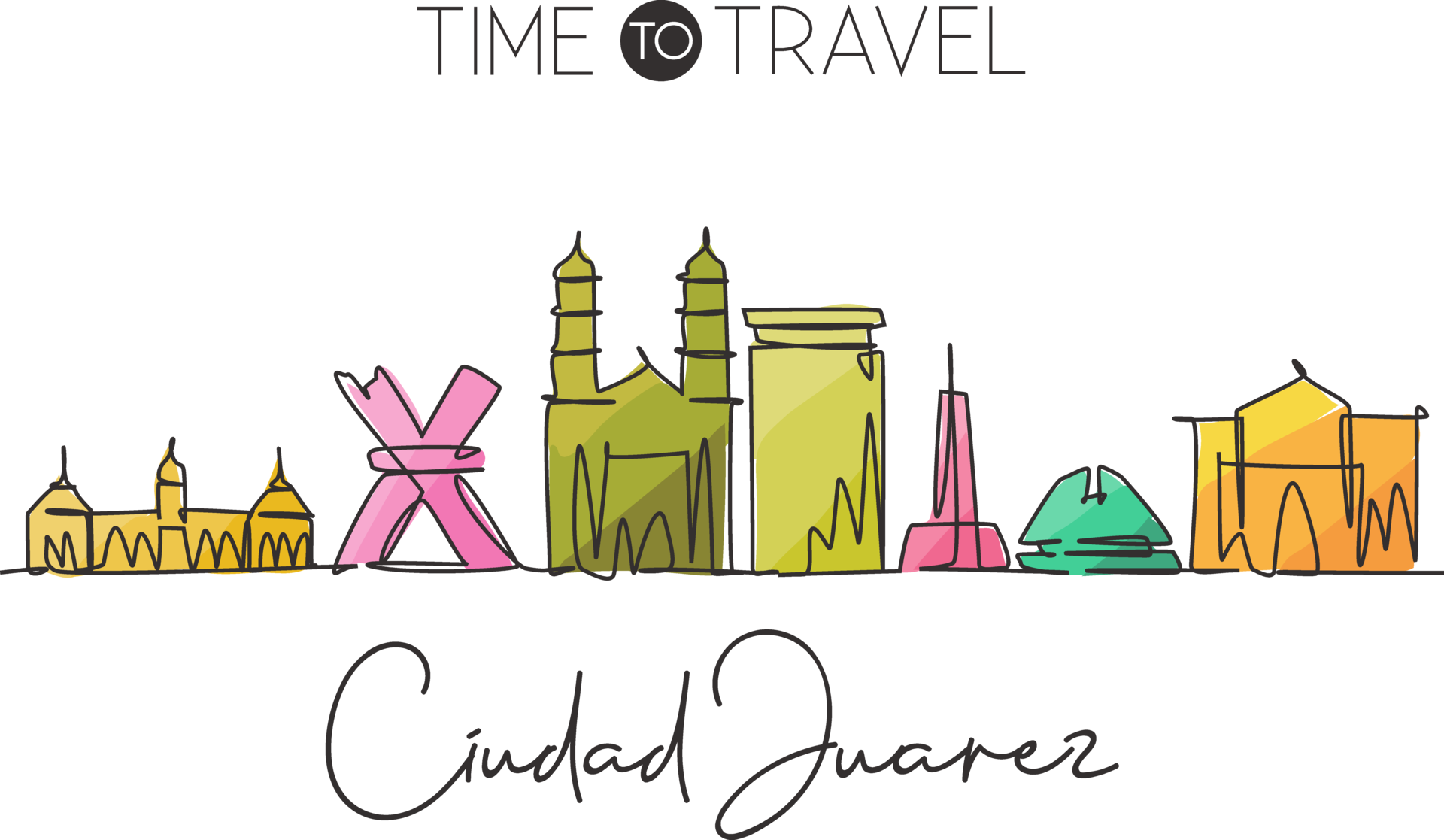 un dibujo de una sola línea del horizonte de la ciudad de ciudad juárez