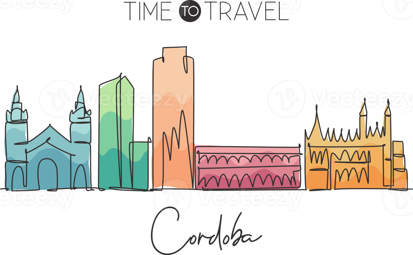 Single continuous line drawing of Cordoba city skyline, Argentina. Famous city scraper landscape postcard print art. World travel destination concept. Modern one line draw design vector illustration png