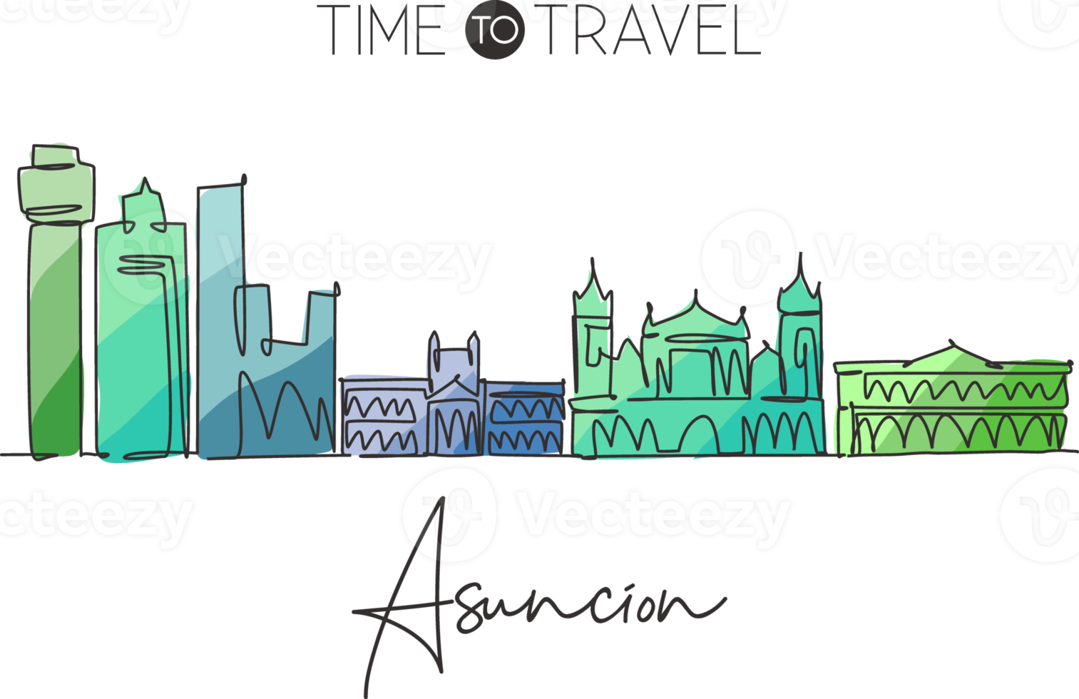 One continuous line drawing of Asuncion city skyline, Paraguay. Beautiful landmark. World landscape tourism and travel vacation. Editable stylish stroke single line draw design art vector illustration png