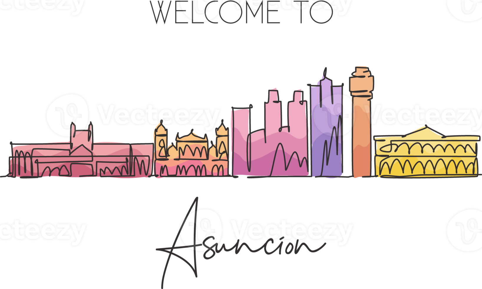 Single continuous line drawing of Asuncion city skyline, Paraguay. Famous city scraper and landscape. World travel destination concept. Editable stroke modern one line draw design vector illustration png