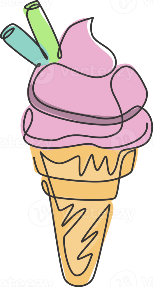 un disegno a linea continua dell'emblema del logo del ristorante del cono gelato fresco e delizioso. concetto del modello del logotipo del negozio del caffè del gelato dolce del dessert. illustrazione vettoriale moderna con disegno a linea singola png