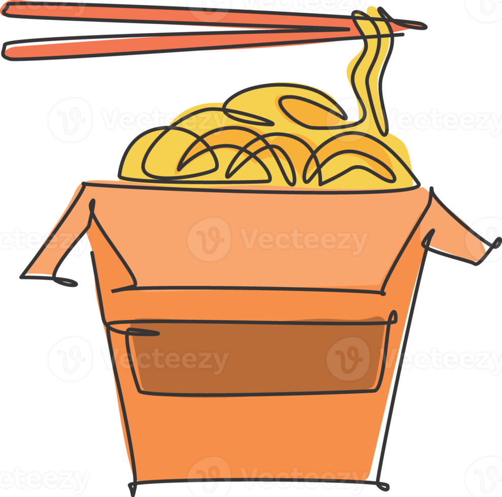 un disegno a linea continua di deliziose tagliatelle piccanti giapponesi fresche sull'emblema del logo del ristorante della scatola. concetto di modello di logo del negozio di fast food cafe. illustrazione vettoriale moderna con disegno a linea singola png