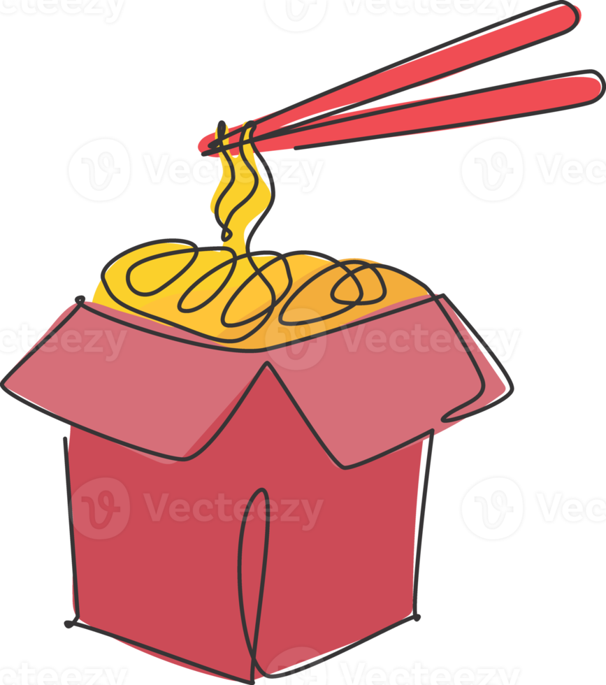 One single line drawing hot spicy noodles store logo graphic vector illustration. Pasta on box fast food cafe menu and restaurant badge concept. Modern continuous line draw design street food logotype png